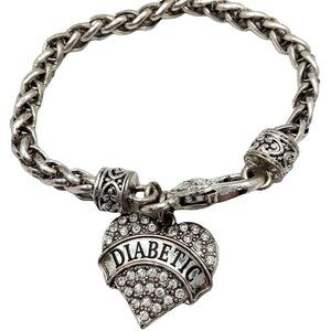 Sweet Heart Shape Diabetic Alert Bracelet Dangle Charm Pave Rhinestone Keepsake